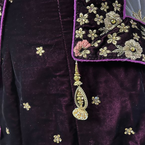 Grand Wine Coloured Lehenga Embellished with Pink and Gold Embroidered Flowers - Picture 3 of 17